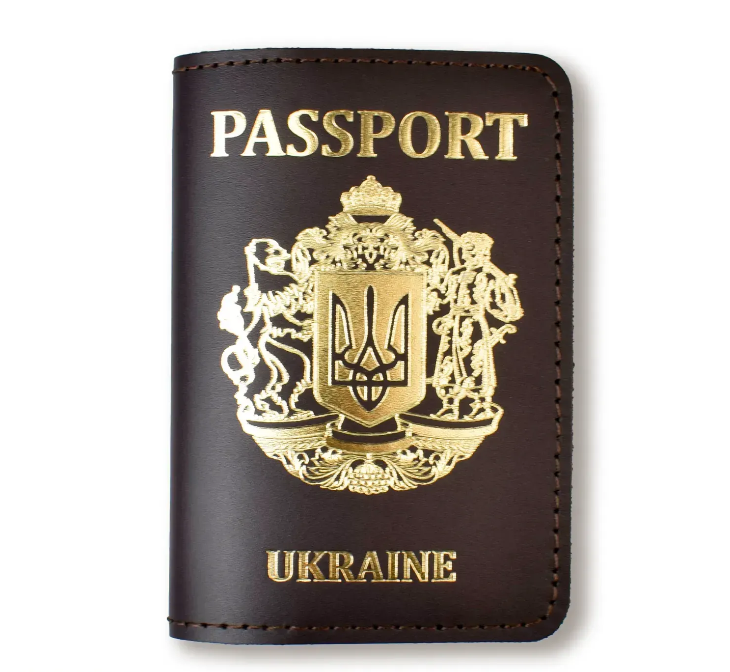 Обложка для паспорта Passport с большим Гербом (темно-коричневая, золотое тиснение)