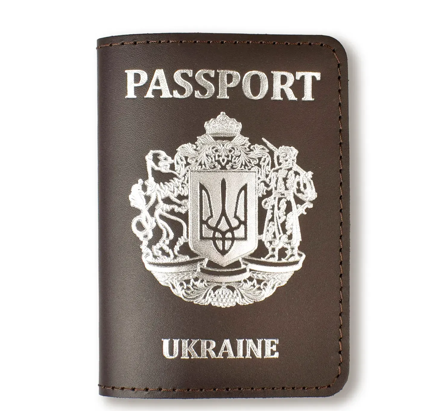 Обкладинка для паспорта Passport з великим Гербом (темно-коричнева, срібне тиснення)