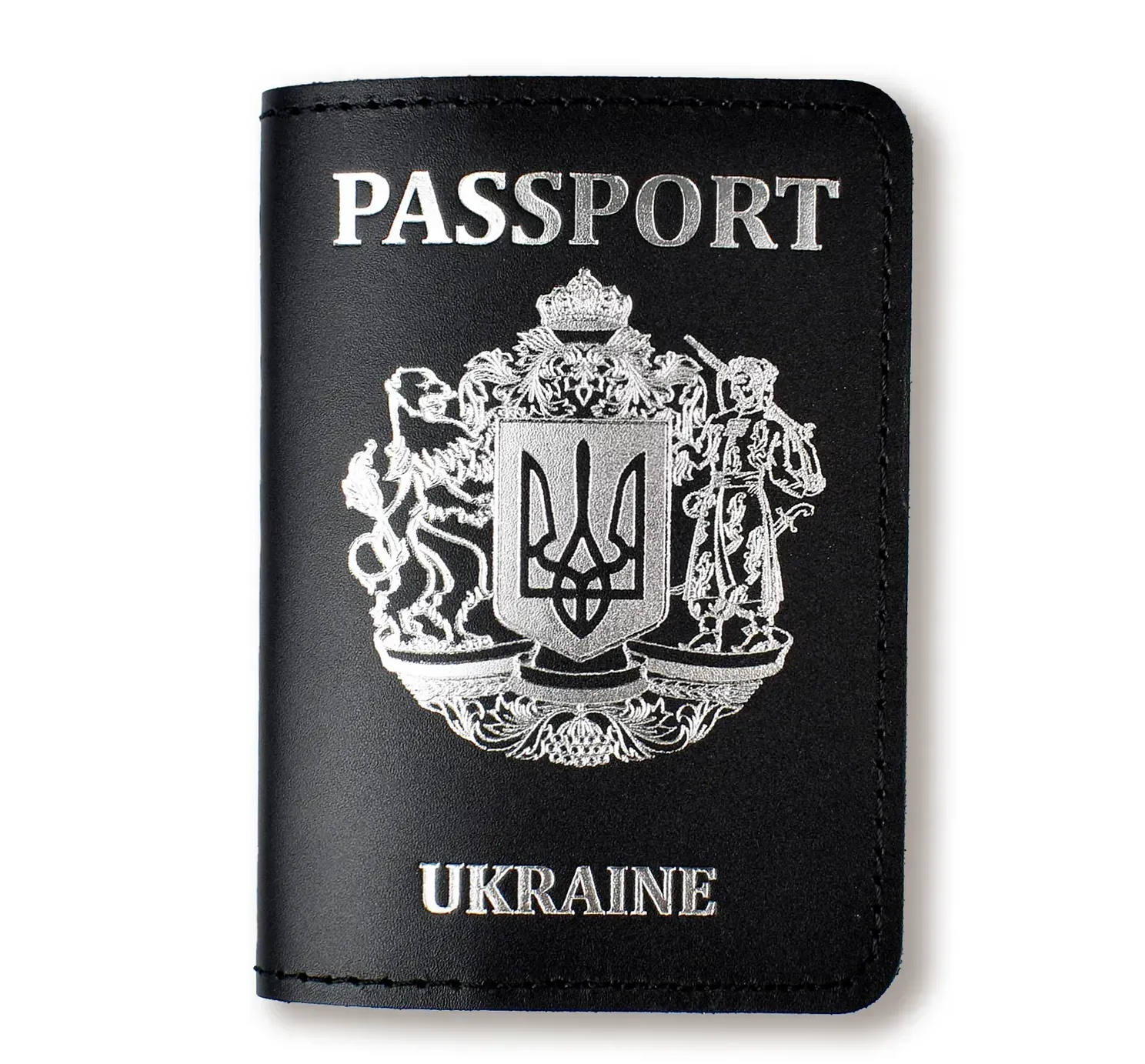 Обкладинка для паспорта Passport з великим Гербом (чорна, срібне тиснення)