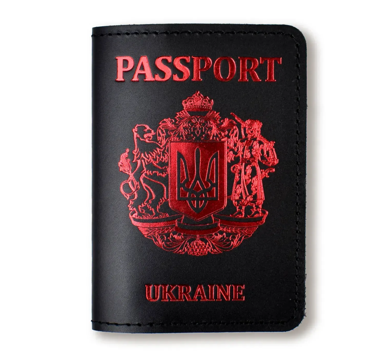 Обкладинка для паспорта Passport з великим Гербом (чорна, червоне тиснення)
