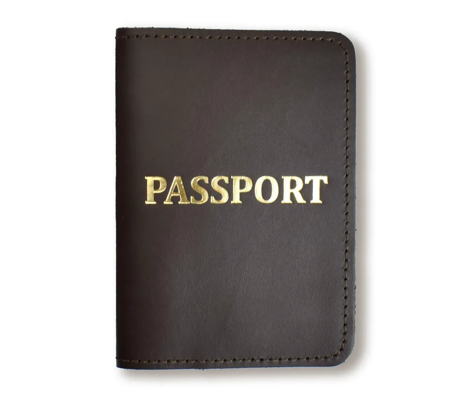 Обложка для паспорта с надписью PASSPORT (темно-коричневая, золотое тиснение)