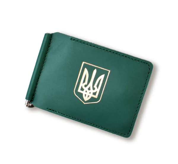 Зажим для купюр и карточек зеленый кожаный с гербом