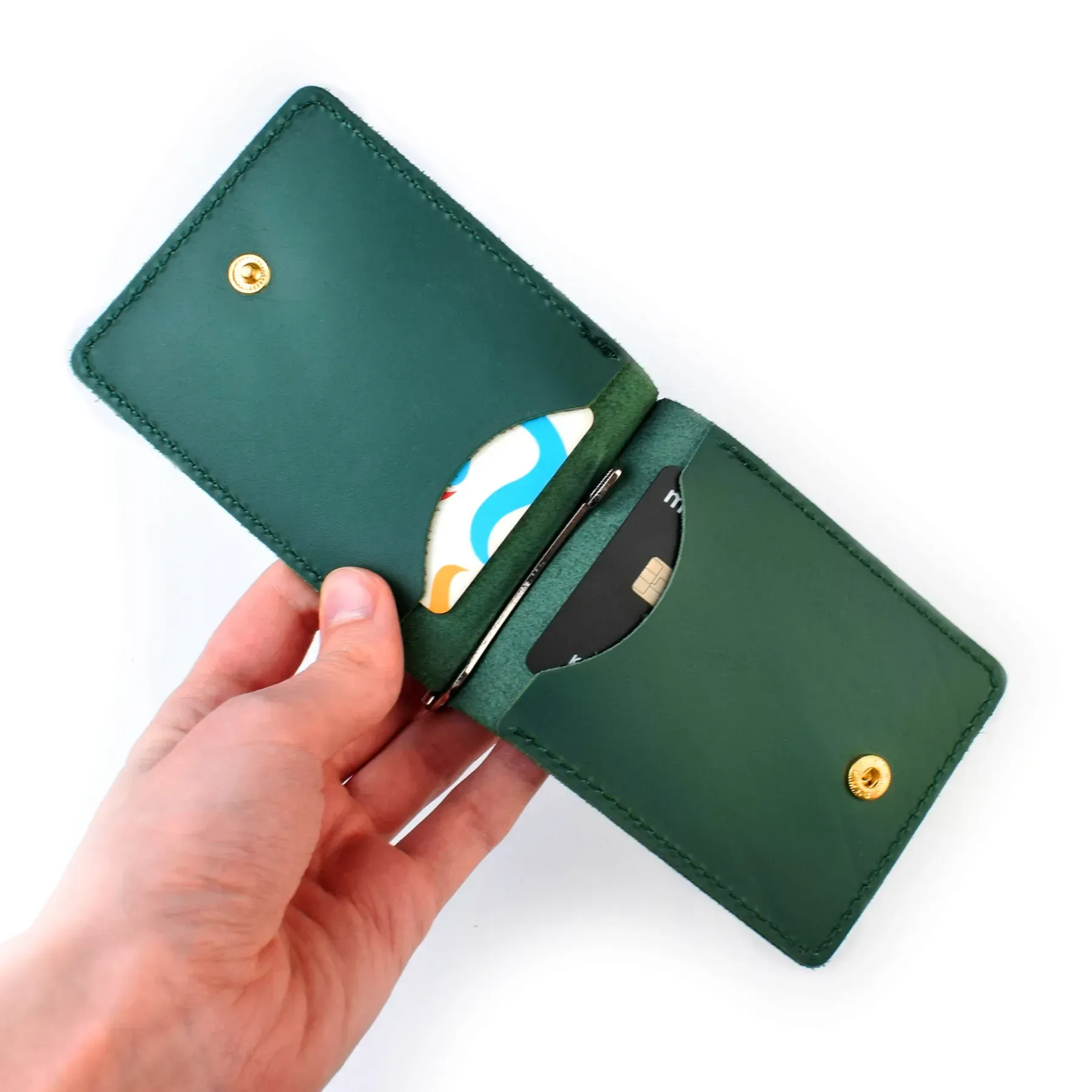 Зажим для купюр и карточек зеленый кожаный с гербом 1