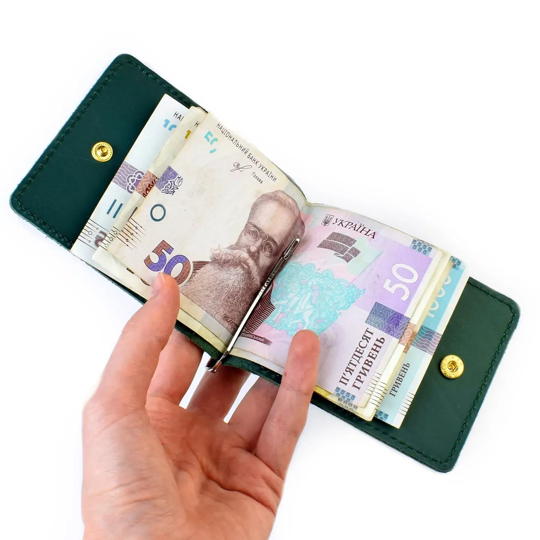 Зажим для купюр и карточек зеленый кожаный с гербом 2