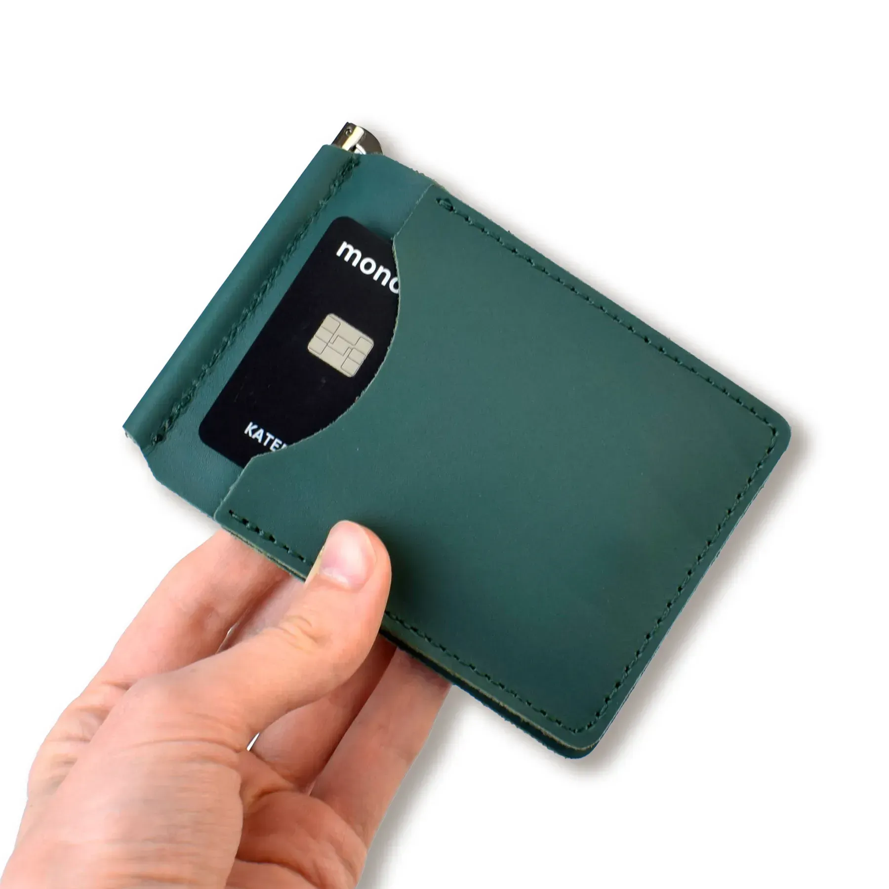 Зажим для купюр и карточек зеленый кожаный с гербом 3