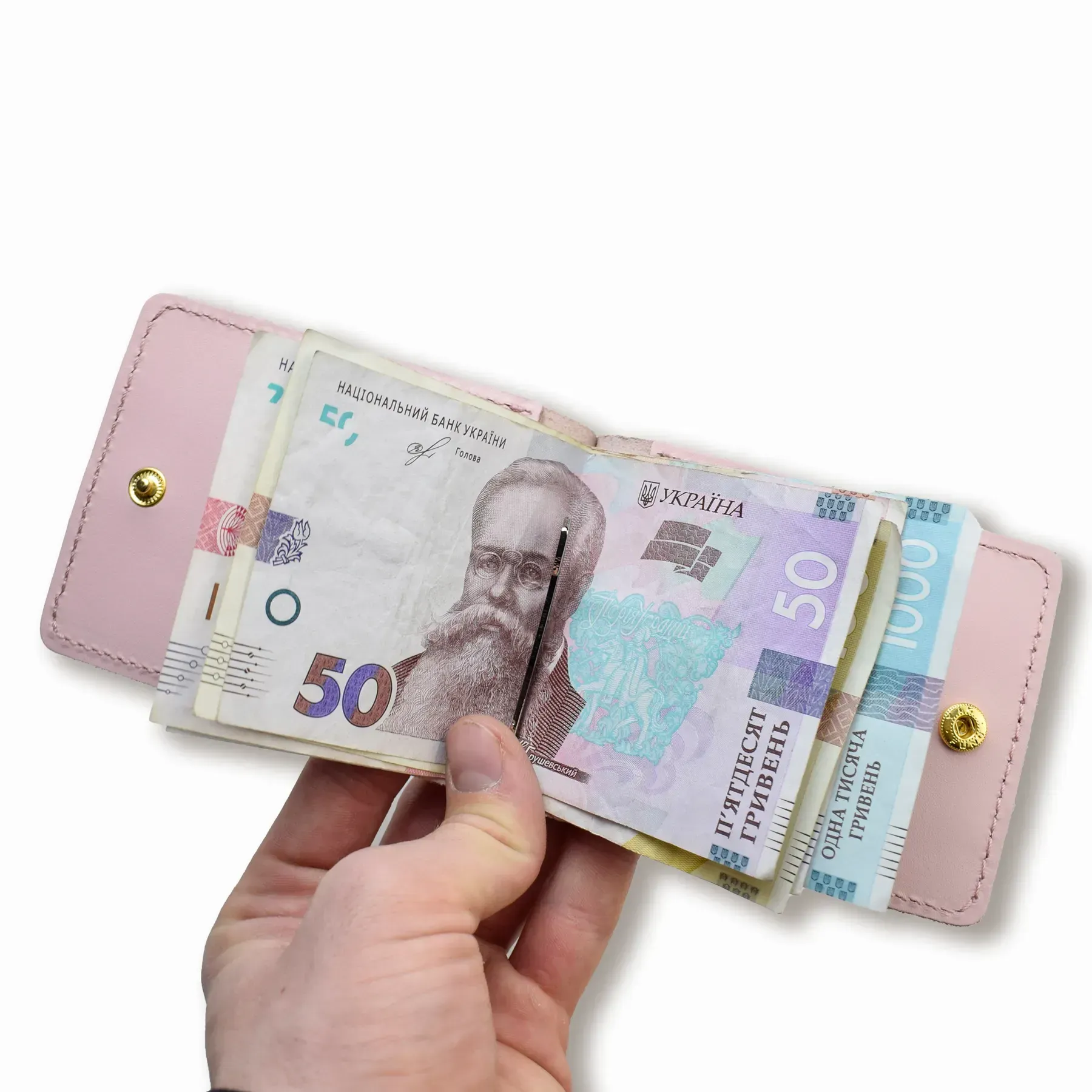 Затискач для купюр та карток рожевий базовий шкіряний 2