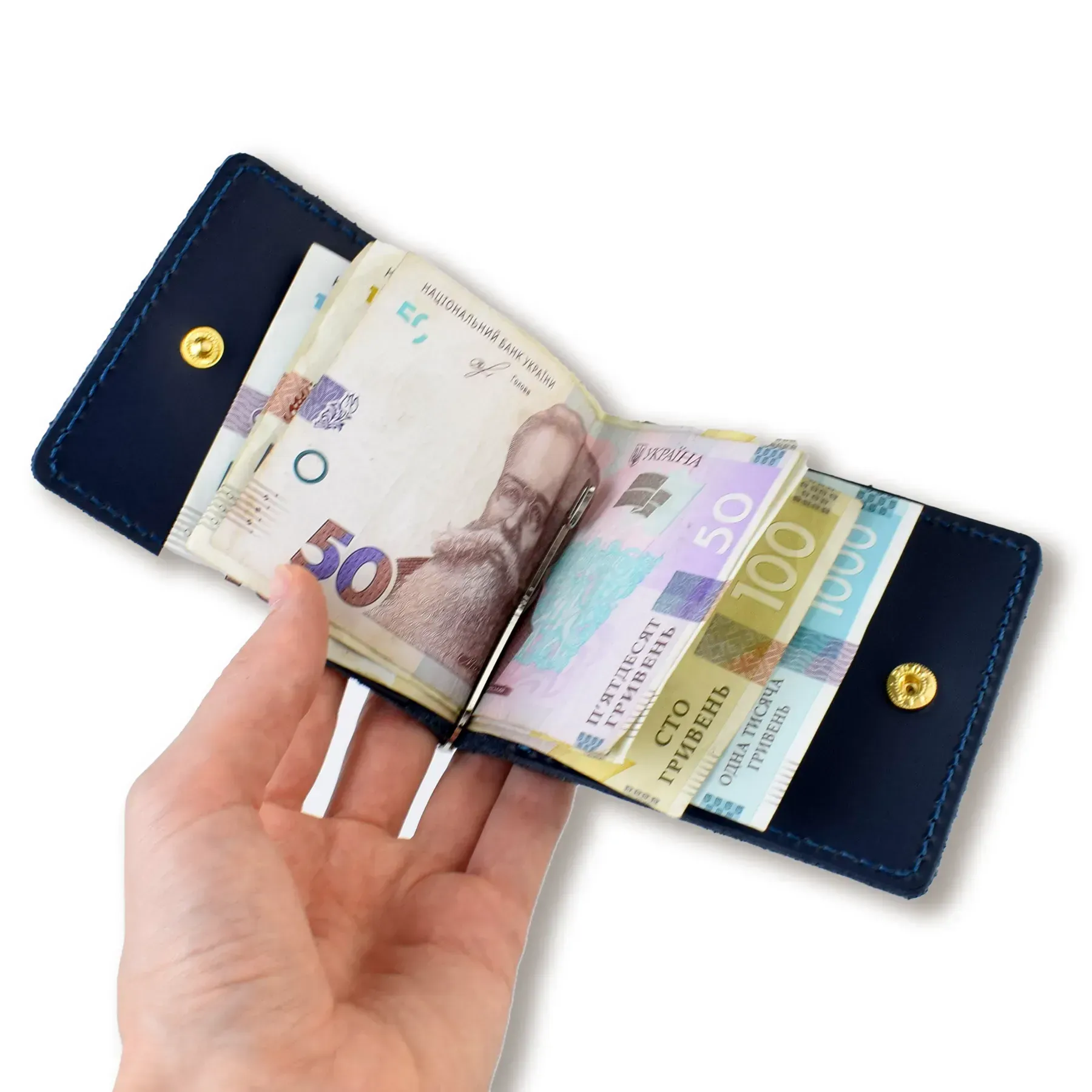 Зажим для купюр и карточек синий базовый кожаный 2