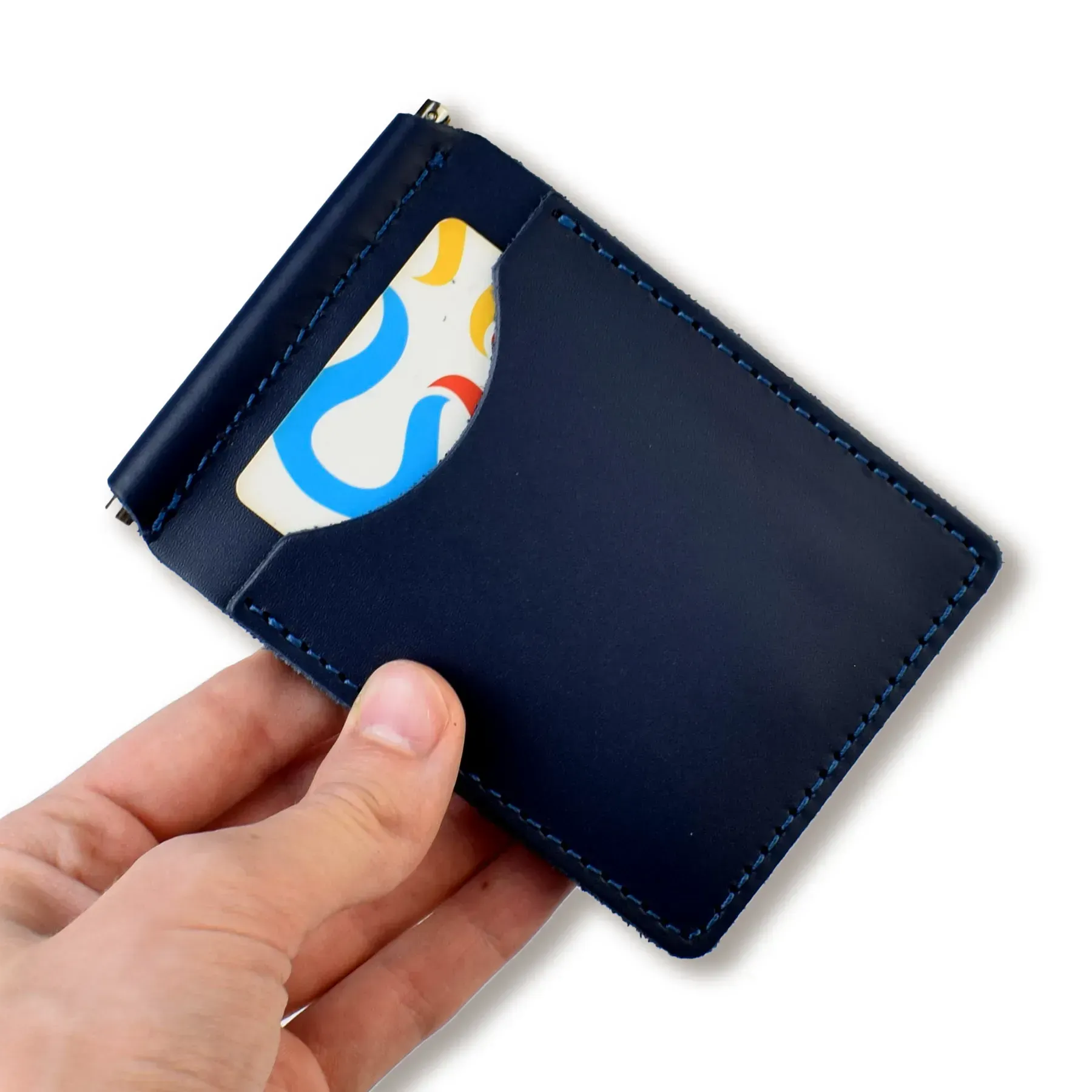 Зажим для купюр и карточек синий базовый кожаный 3