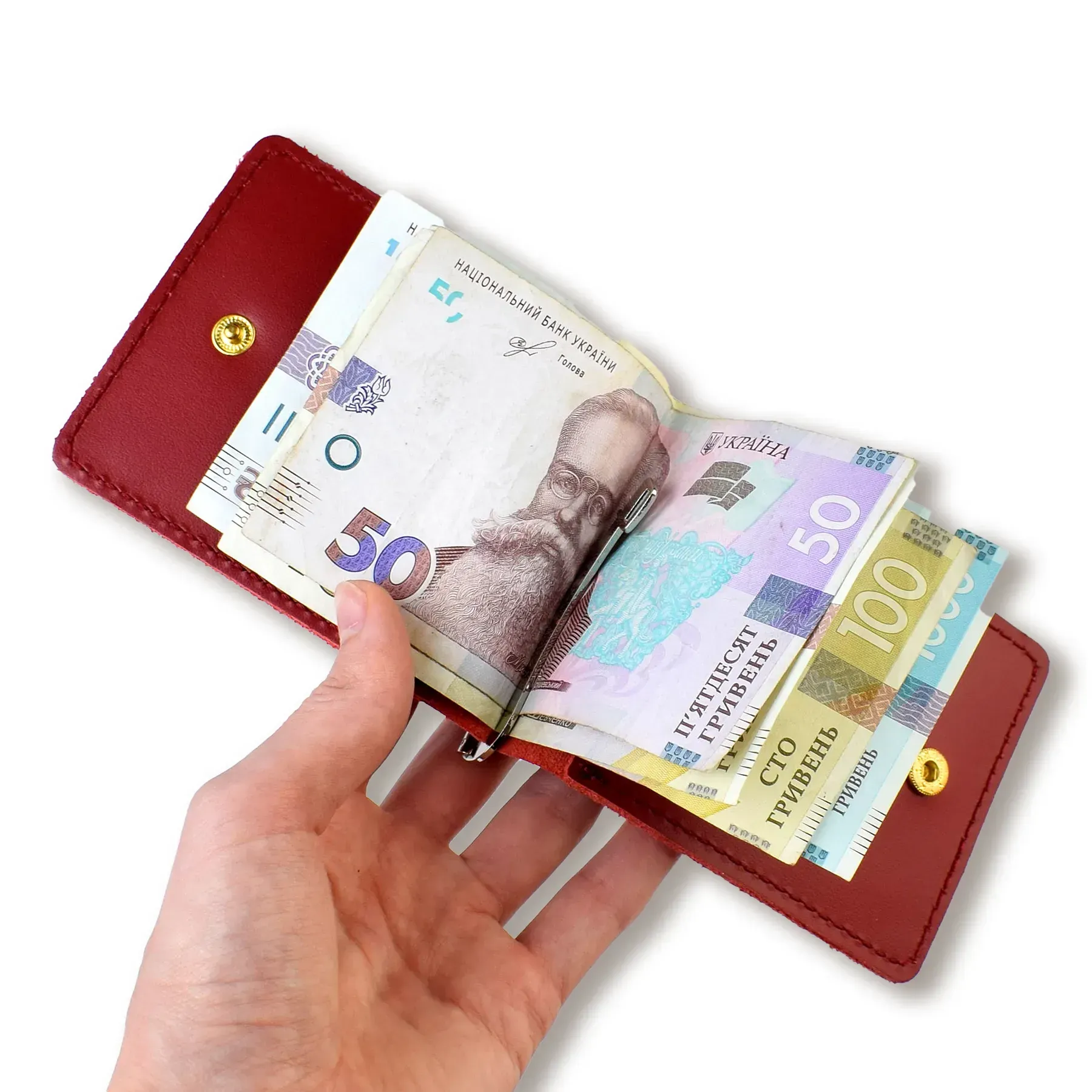 Зажим для купюр и карточек красный кожаный с гербом 2