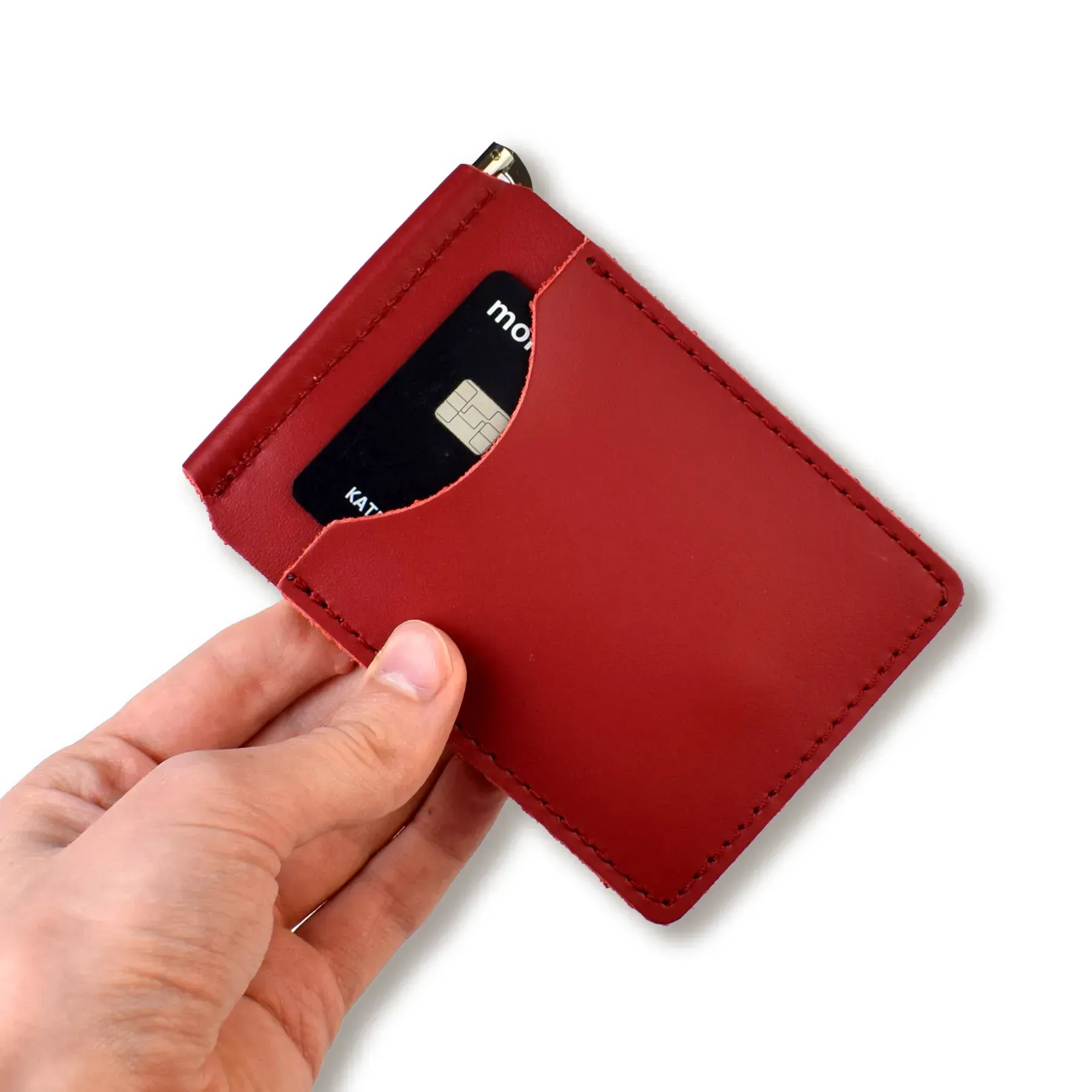 Зажим для купюр и карточек красный кожаный с гербом 3