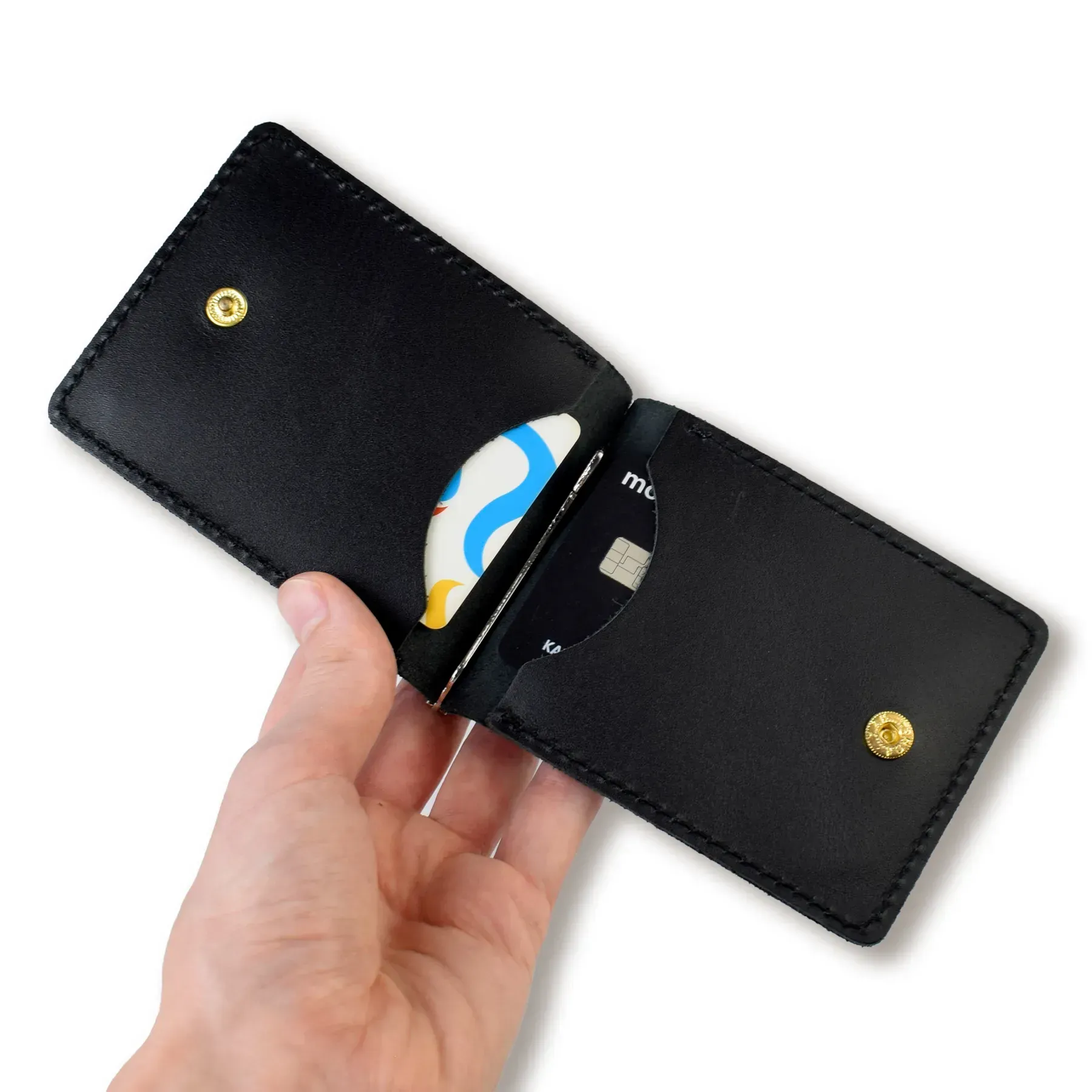 Затискач для купюр та карток чорний базовий шкіряний 1