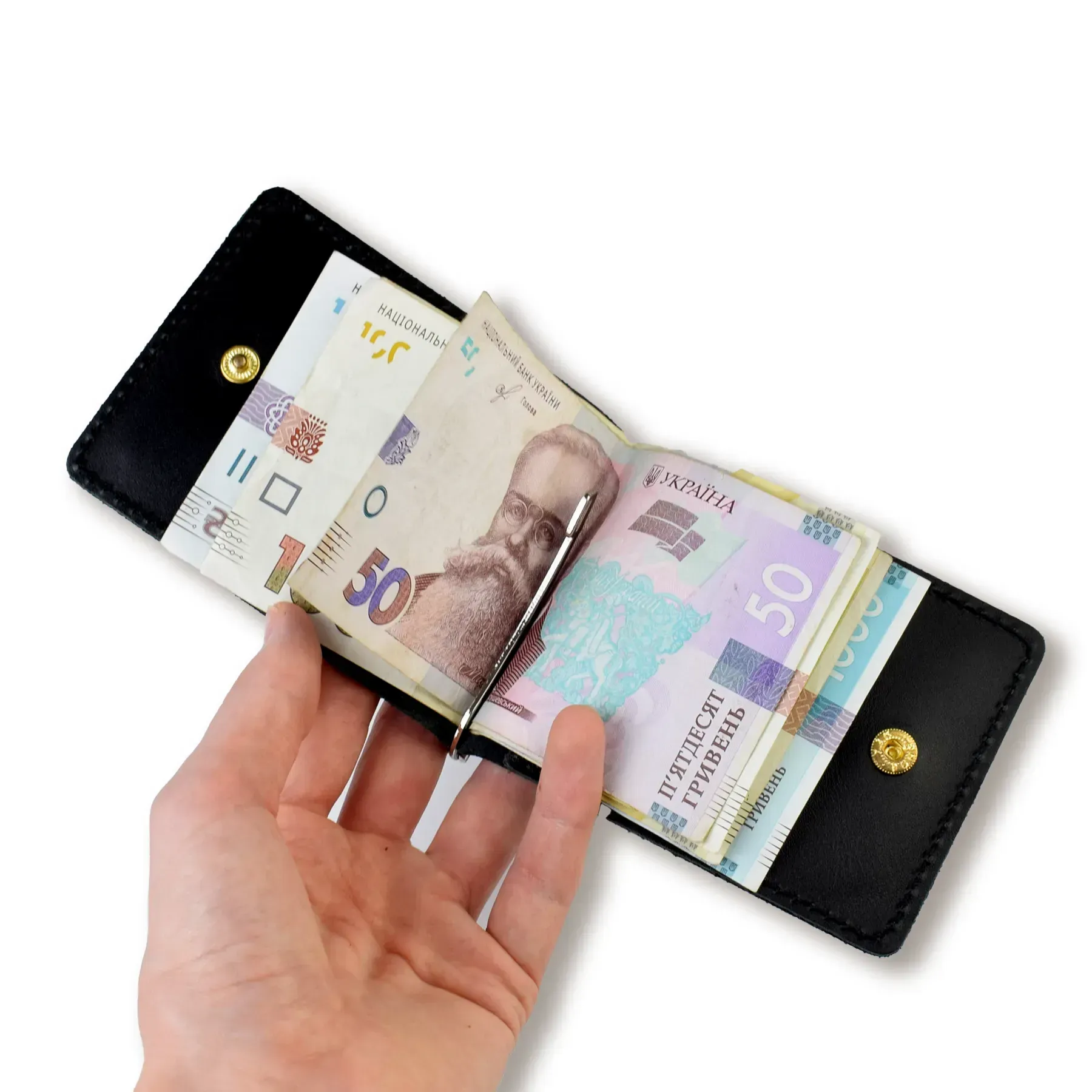 Затискач для купюр та карток чорний базовий шкіряний 2