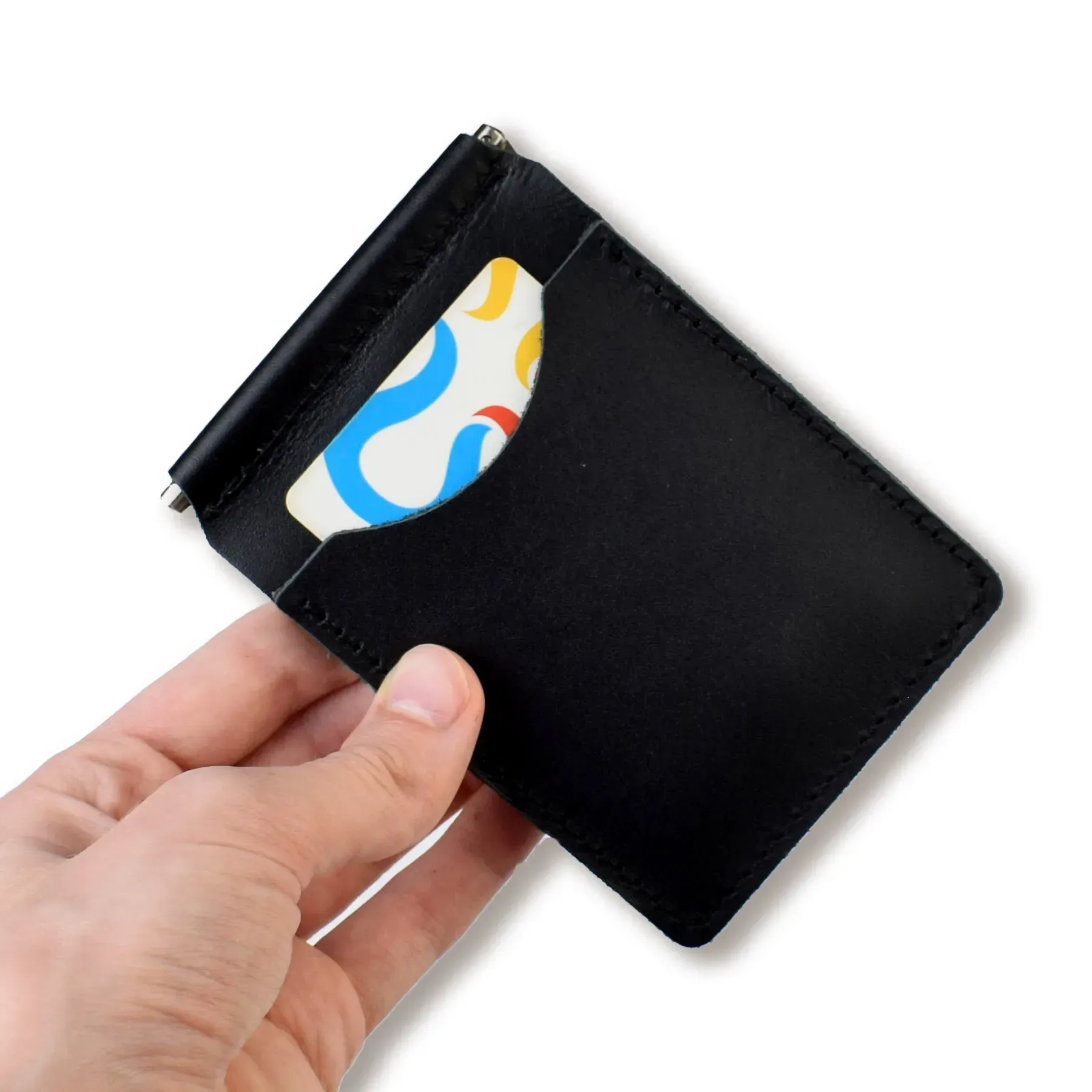 Затискач для купюр та карток чорний базовий шкіряний 3