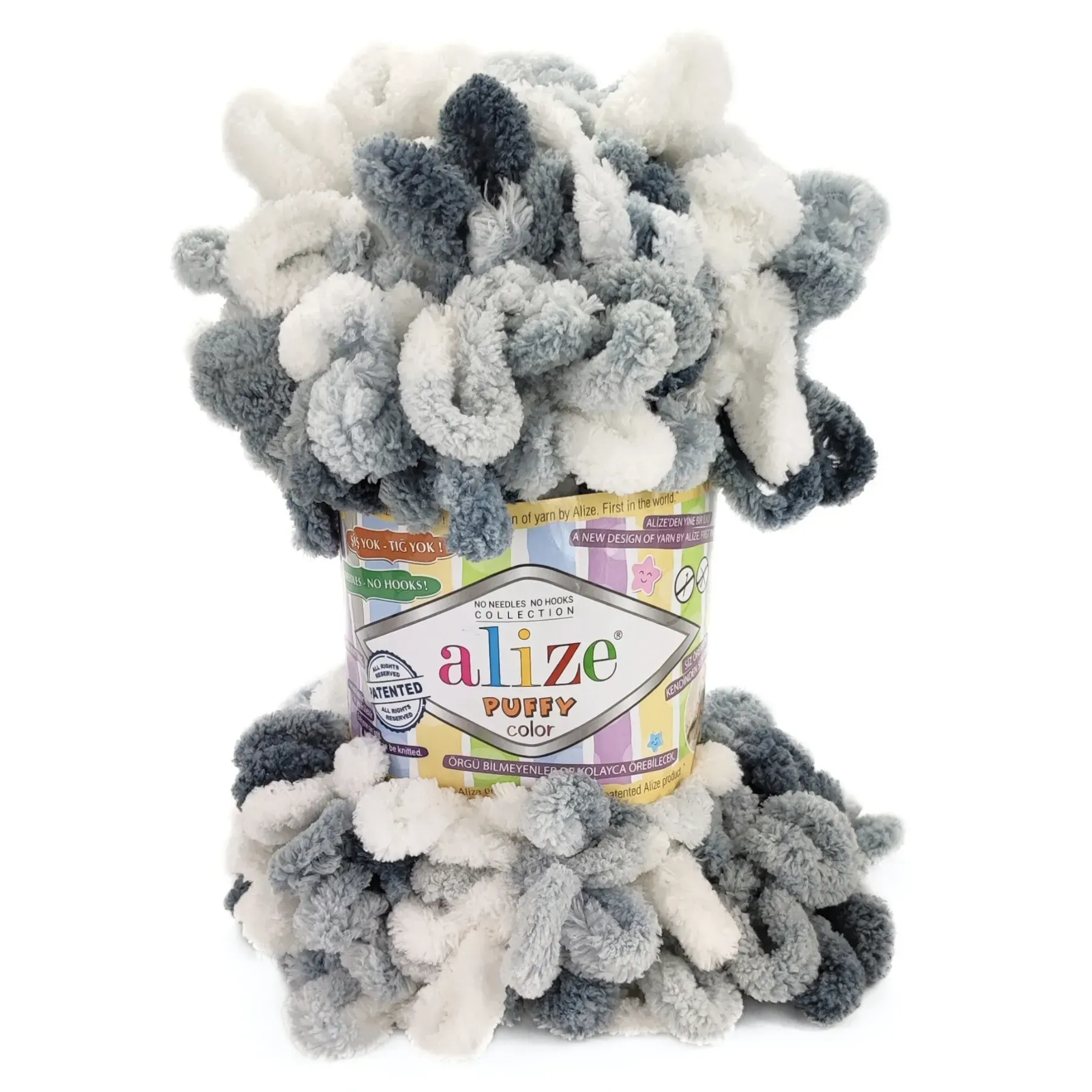 Пряжа мікрополіестер 5925 Білий-сірий, TM Alize Puffy Color 1