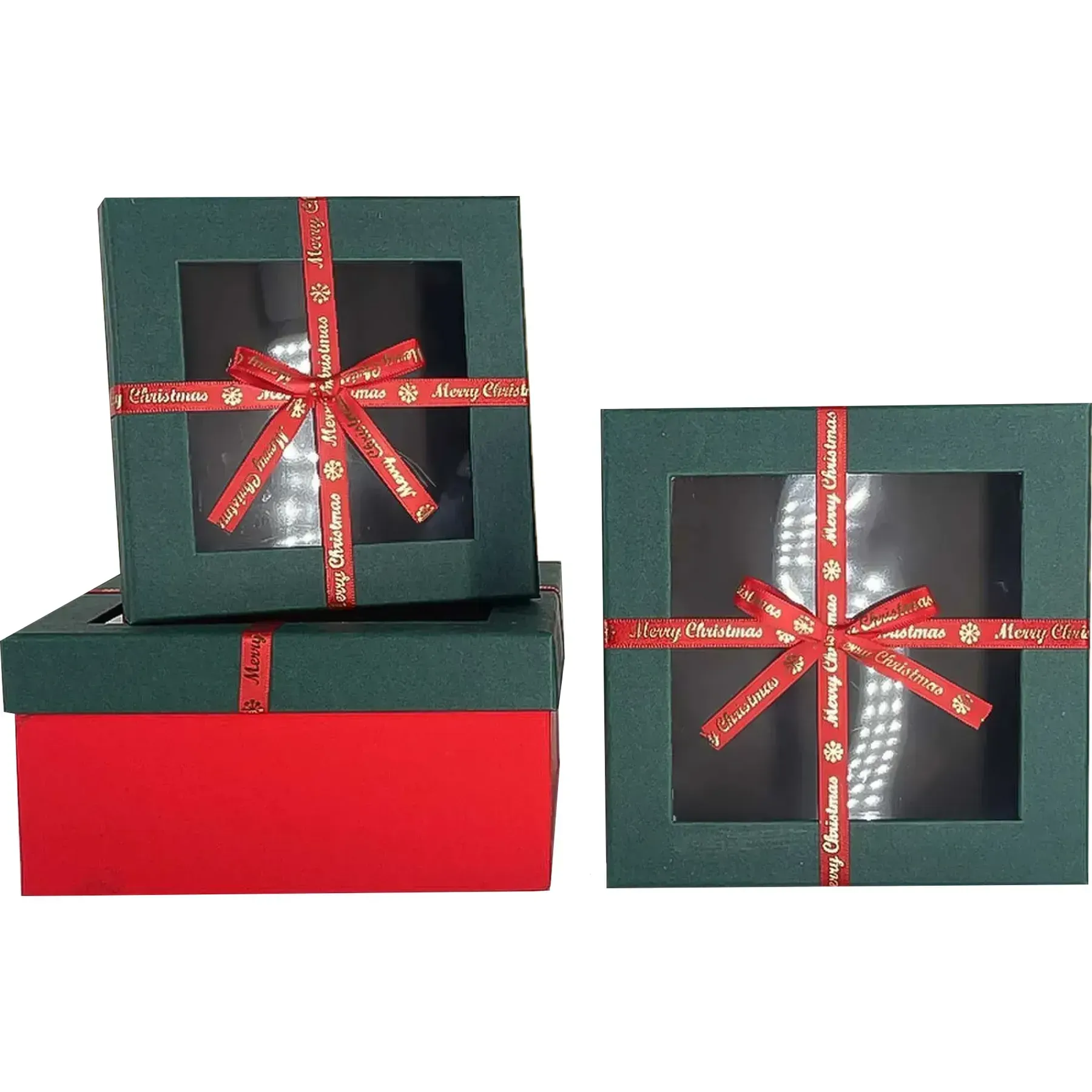 Подарочная коробка квадратная НР, зелено-красная с окошком, 17,5*17,5*8 см, 410314472
