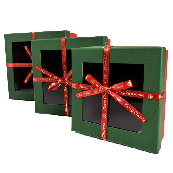 Подарочная коробка квадратная НР, зелено-красная с окошком, 17,5*17,5*8 см, 410314472 3