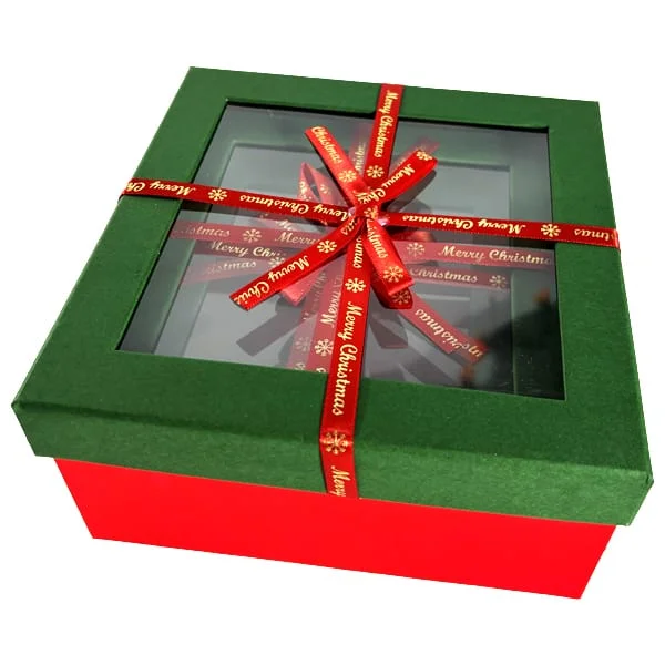 Подарочная коробка квадратная НР, зелено-красная с окошком, 17,5*17,5*8 см, 410314472 1