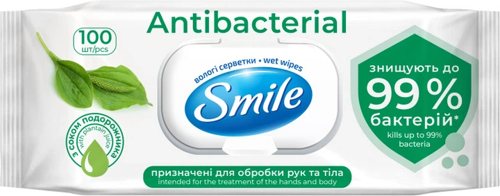 Салфетка влажная SMILE Antibacterial с подорожником, 100 шт., с клапаном new desing, 42112825