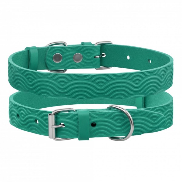 Ошейник для собак кожаный Barksi Classic одинарный с тиснением Волна(ш 12мм, д 23-30) бирюзовый