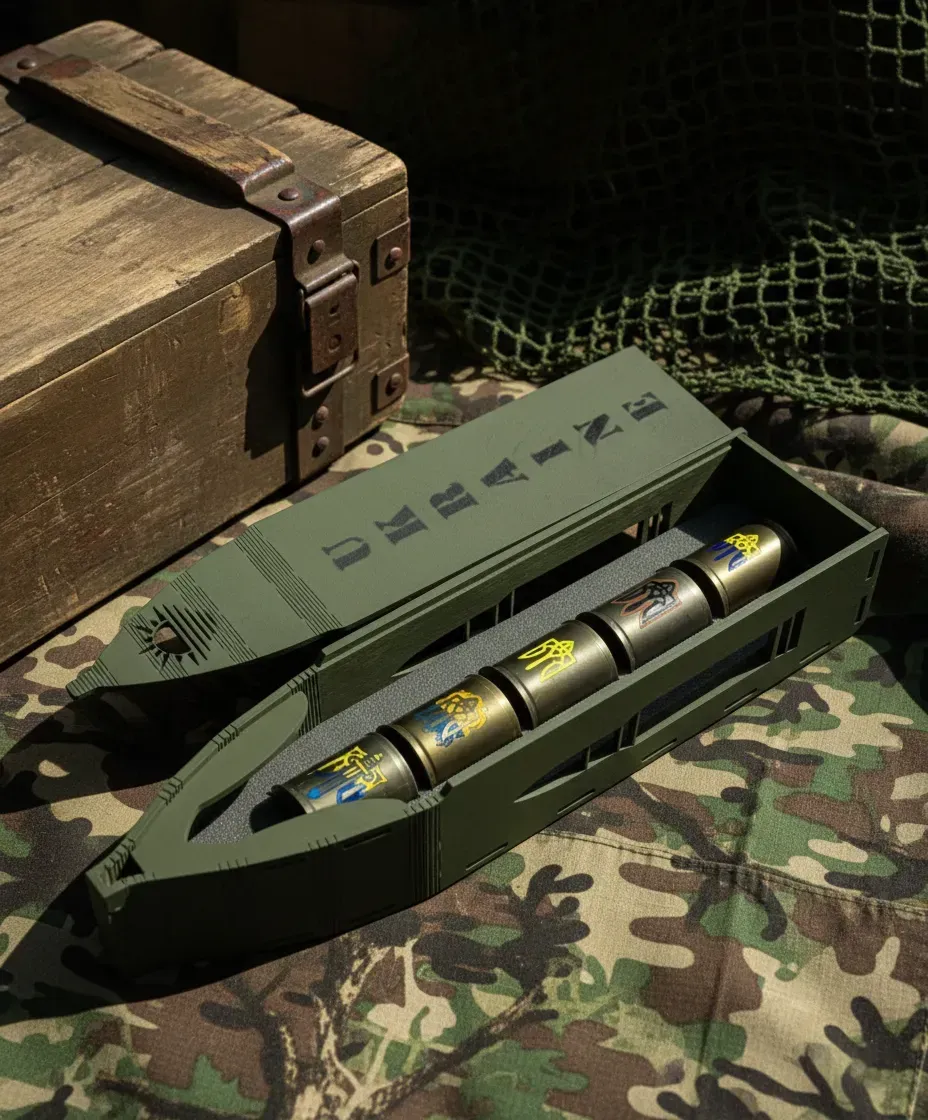 Набір подарунковий військовий 4Profi в коробці Куля( 5 чарок патрон з тризуб з вишиванкой) 4