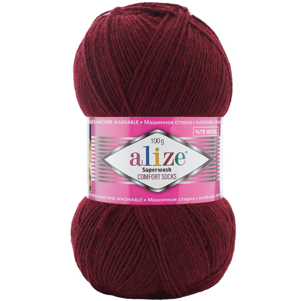 Пряжа носочная 75% шерсть, 25% полиамид, 100 г, 420 м, 578 Бордо, ТМ Alize SuperWash Comfort Socks
