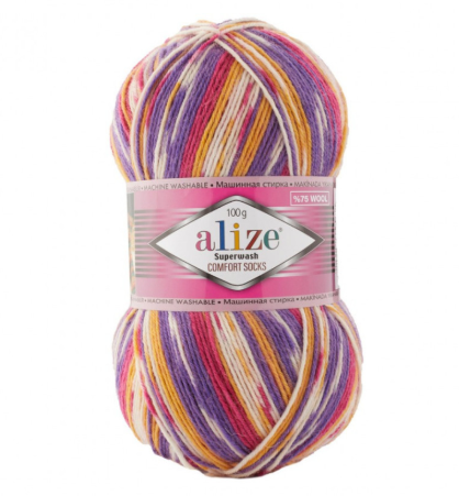 Пряжа шкарпеткова 75% вовна, 25% поліамід, 100 г, 420 м, 7655 Бузково-рожево-жовтий, ТМ Alize