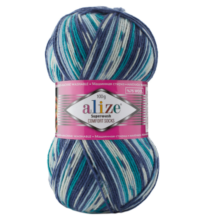 Пряжа шкарпеткова 75% вовна, 25% поліамід, 100 г, 420 м, 7708 Синій+бірюза, ТМ Alize