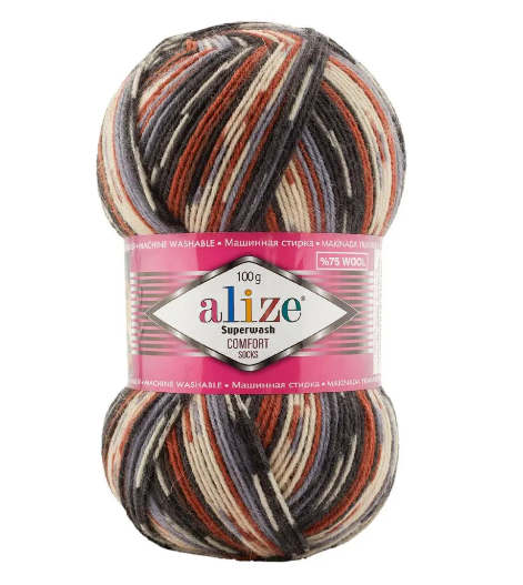 Пряжа шкарпеткова 75% вовна, 25% поліамід, 100 г, 420 м, 7840 Коричневий-беж-асфальт, ТМ Alize