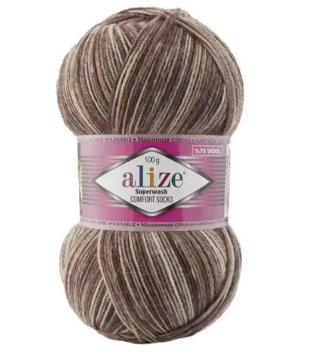 Пряжа шкарпеткова 75% вовна, 25% поліамід, 100 г, 420 м, 7678 Коричневий меланж, ТМ Alize