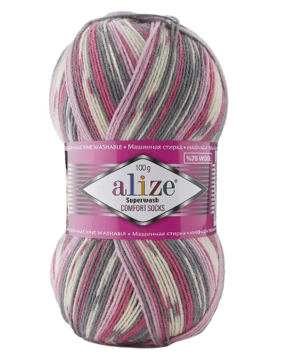 Пряжа шкарпеткова 75% вовна, 25% поліамід, 100 г, 420 м, 7707 Світло-сірий+рожевий, ТМ Alize
