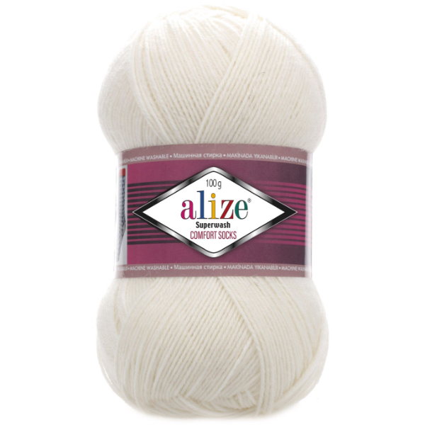 Пряжа носочная 75% шерсть, 25% полиамид, 100 г, 420 м, 01 Молоко, ТМ Alize SuperWash Comfort Socks