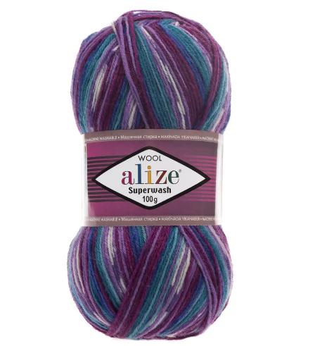 Пряжа шкарпеткова 75% вовна, 25% поліамід, 100 г, 420 м, 4412 Бірюза+марганець, ТМ Alize