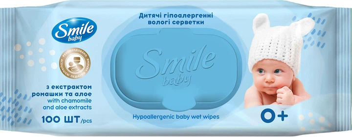 Серветки вологі Смайл Baby "Екстракт ромашки і алое " стікер педіатри 100шт клапан, New design, 42113961