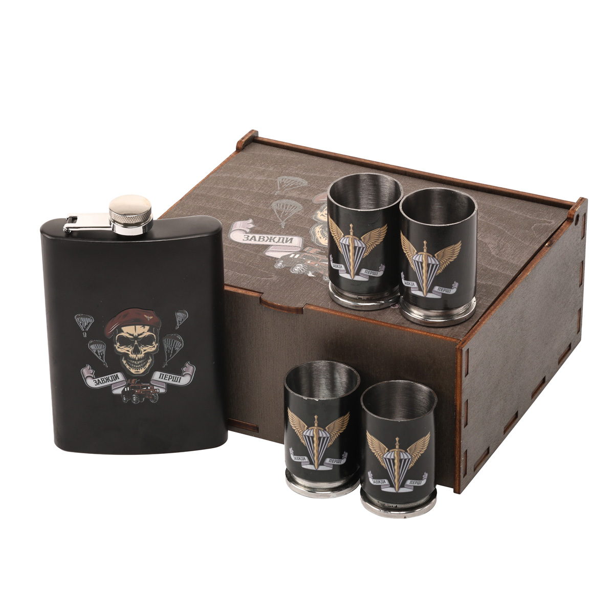 Набор подарочный военный 4 Profi в коробке "Всегда первые", (Фляга 9OZ+ 4 рюмки патрон 35D)