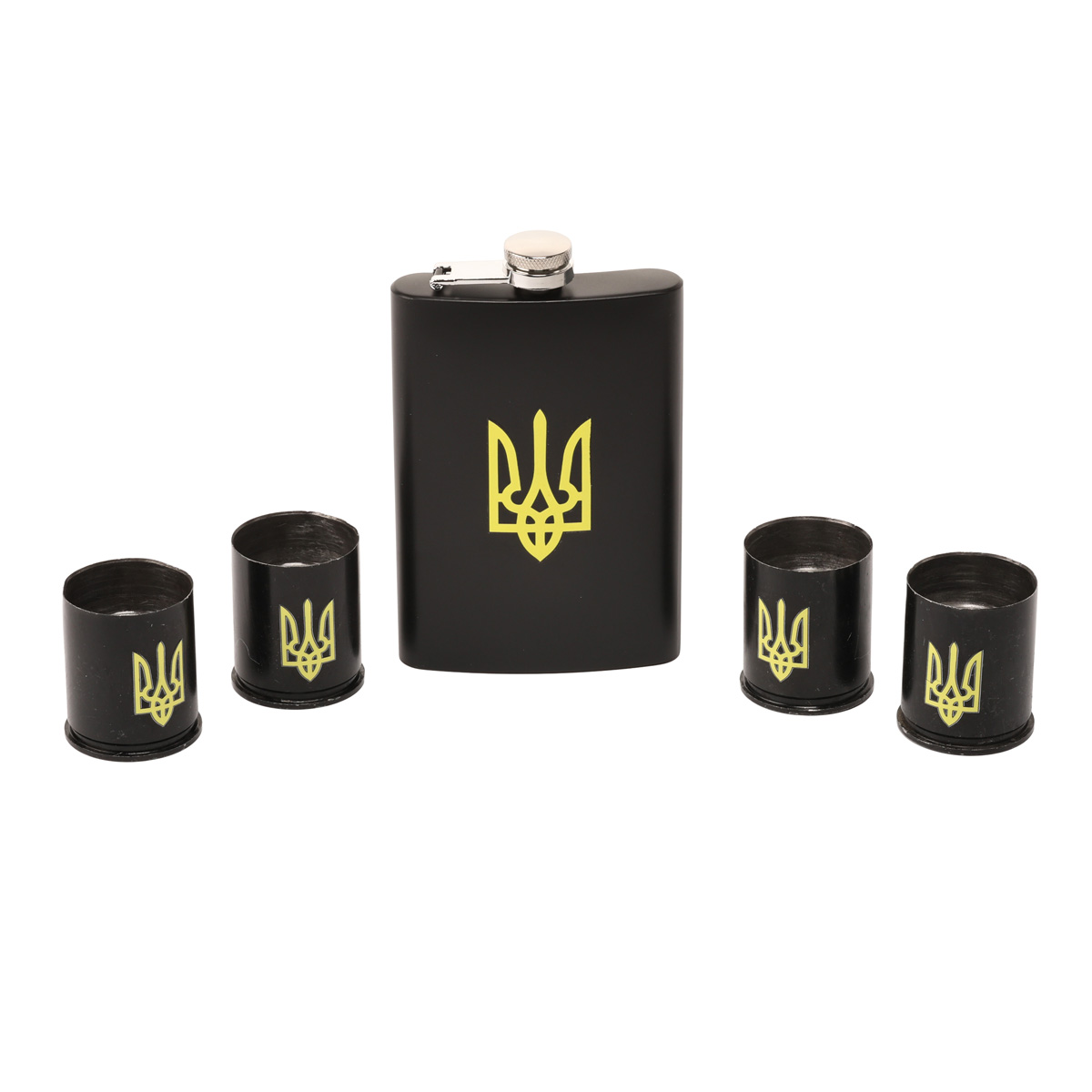 Набор подарочный военный 4 Profi в коробке Трезуб желтый, (Фляга 9OZ+ 4 рюмки патрон) 1