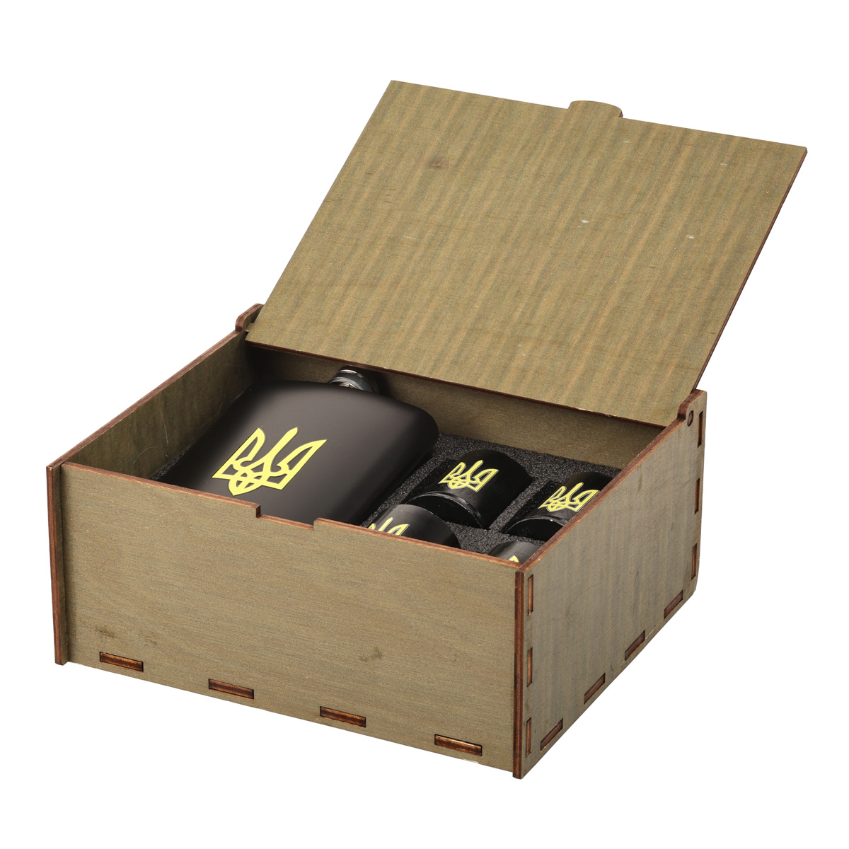 Набор подарочный военный 4 Profi в коробке Трезуб желтый, (Фляга 9OZ+ 4 рюмки патрон) 5