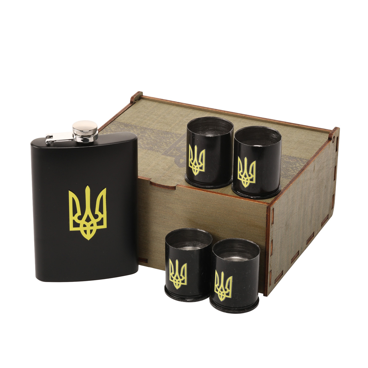 Набор подарочный военный 4 Profi в коробке Трезуб желтый, (Фляга 9OZ+ 4 рюмки патрон)