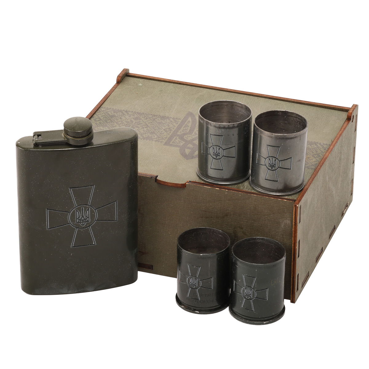 Набор подарочный военный 4 Profi в коробке Крест ВСУ (Фляга 9 OZ+ 4 рюмки патрон)