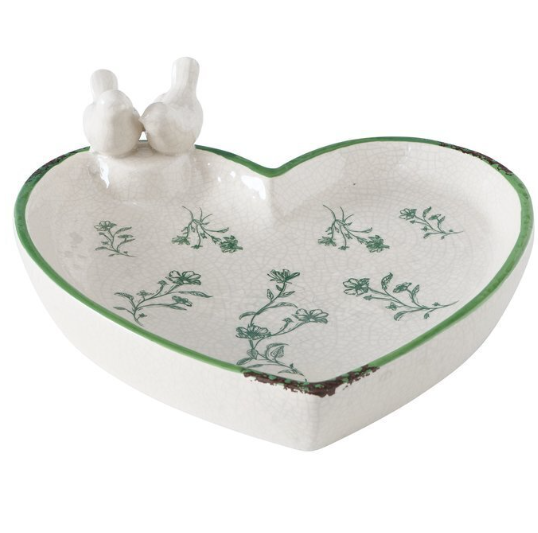 Декор для дому керамічний Годівниця/ванна для птахів "Silka" h=8 см, білий з зеленим мал., 2006833