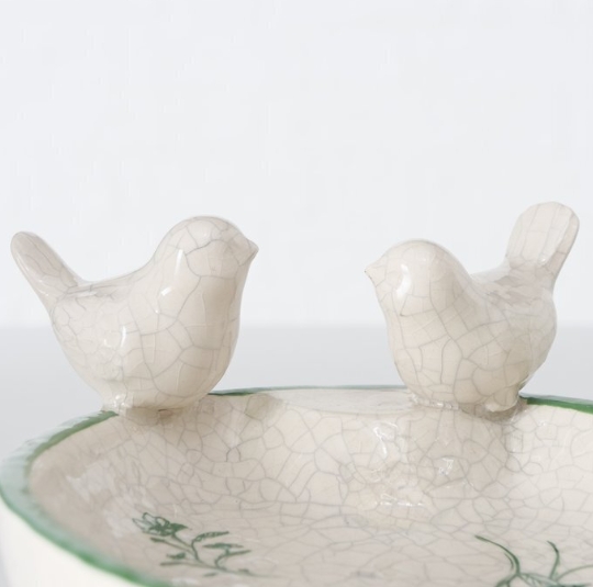 Декор для дому керамічний Годівниця/ванна для птахів "Silka" h=8 см, білий з зеленим мал., 2006833 1