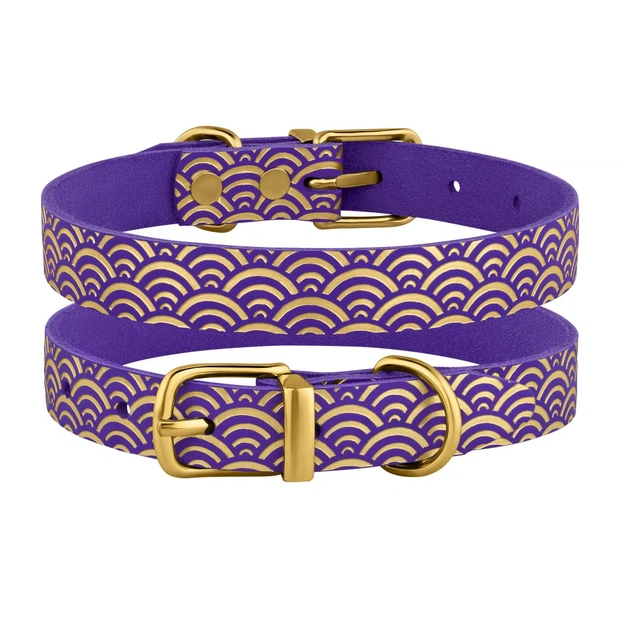 Ошейник кожаный для собак ТМ Barksi Classic золотое тиснение Море (ш.1,2см, д.23-30см), фиолетовый