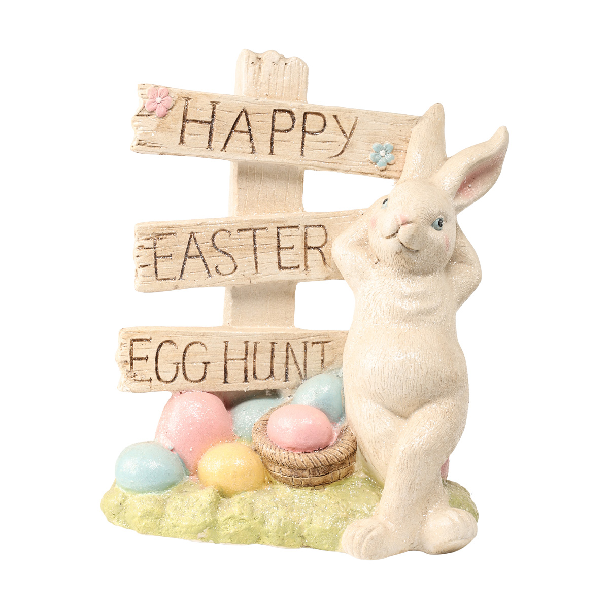 Фігурка декоративна мінеральна "Щасливий пасхальний білий зайчик" 55 см, ALX117940