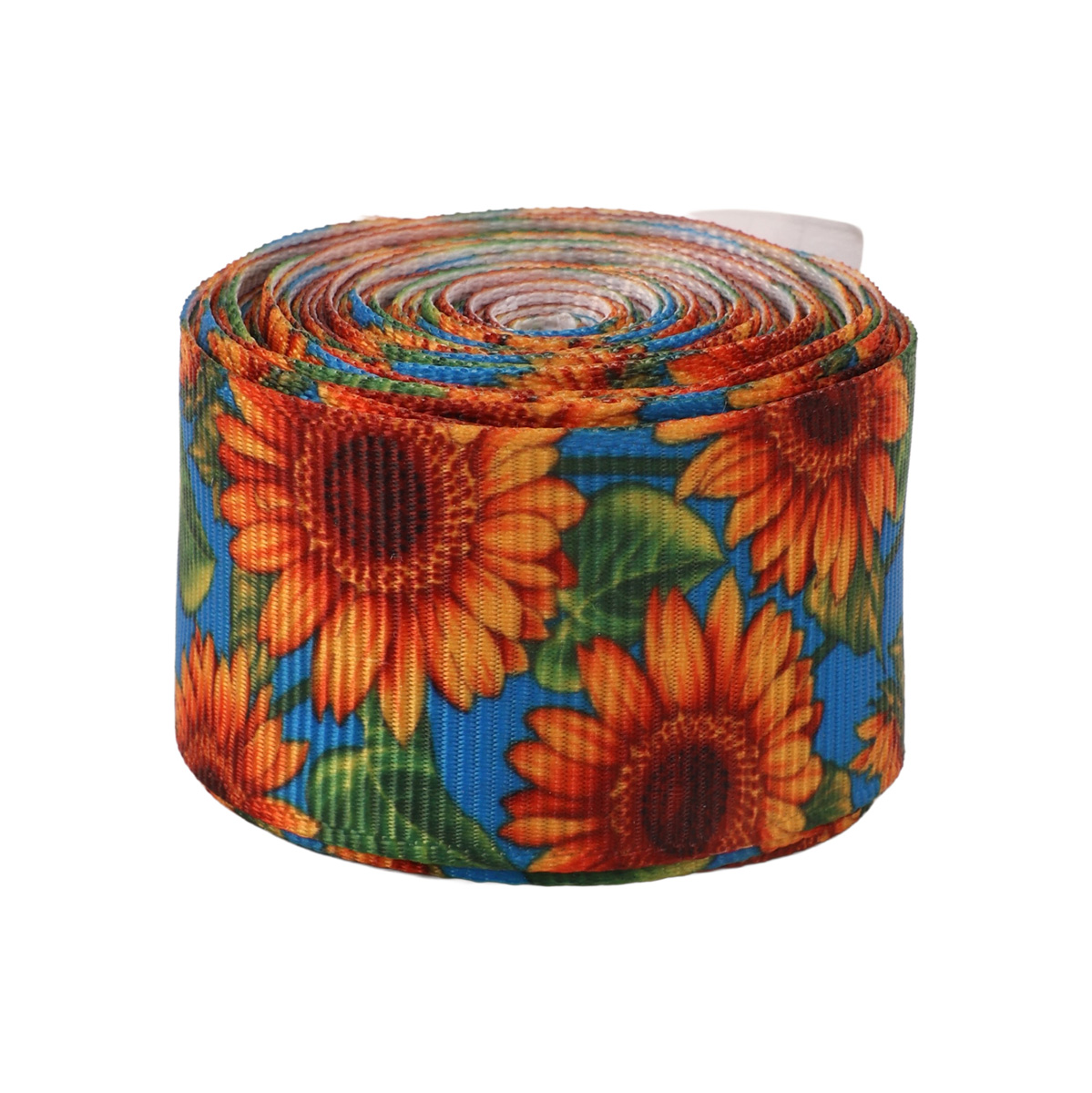 Лента репсовая с принтом Подсолнухи на синем ТМ "Шанталь"