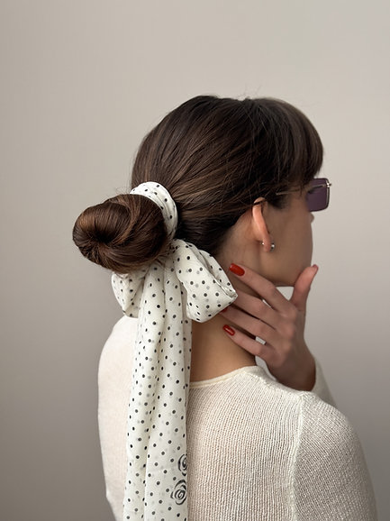 Шарф сатин білий в горох 155 * 28 см, PL20 1