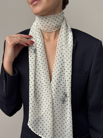 Шарф сатин білий в горох 155 * 28 см, PL20 3