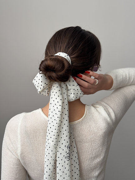 Шарф сатин білий в горох 155 * 28 см, PL20 2