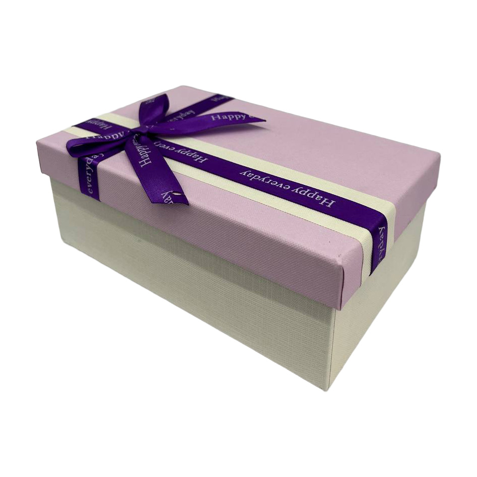 Подарочная коробка прямоугольная, бело-фиолетовая с бантом, 21*14*8 см, 1103532202