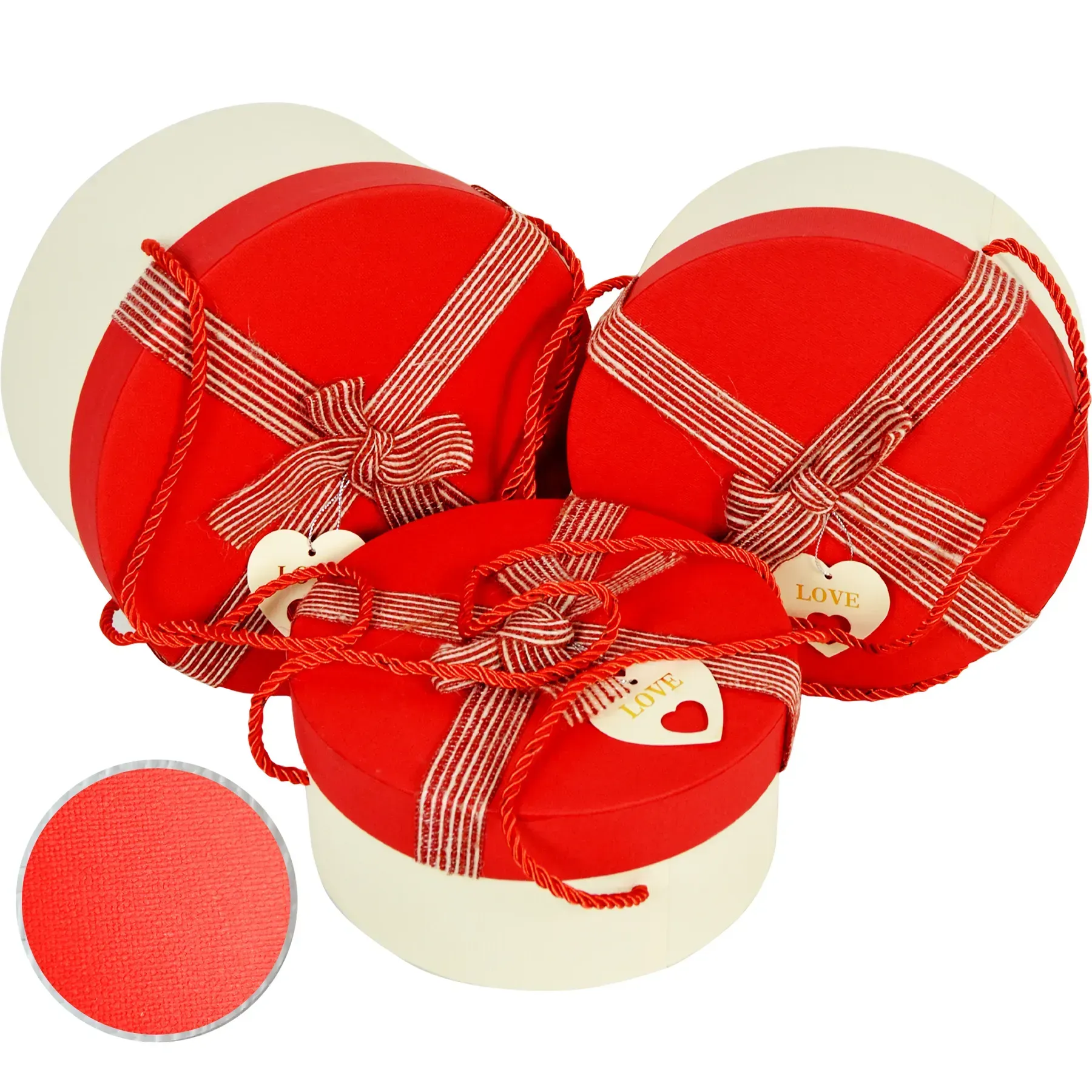 Подарочная коробка круглая, бело-красная с полосатым бантом, 22*22*12 см, 2103523803.