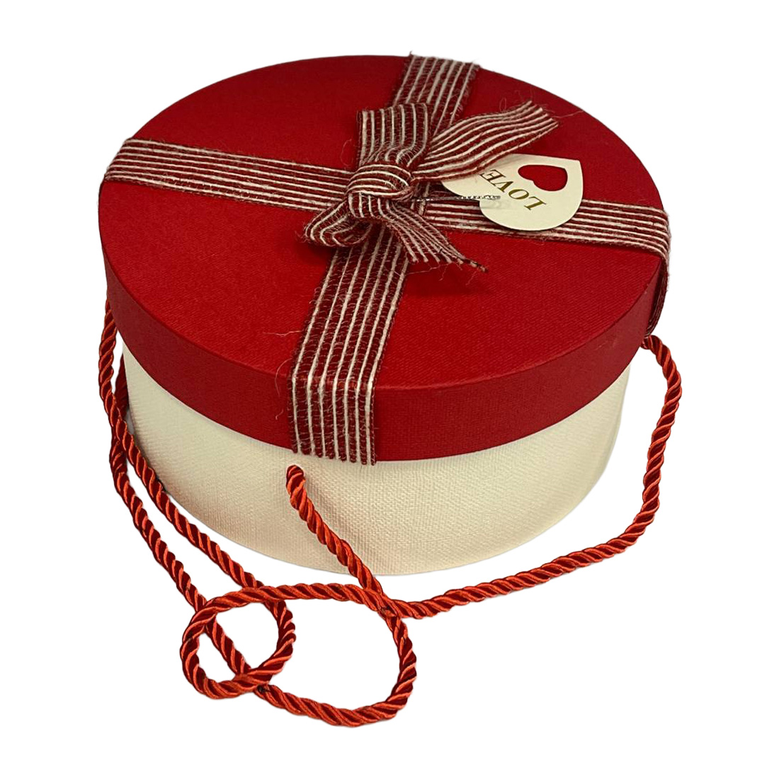 Подарункова коробка кругла, біло-червона зі смугастим бантом, 21*21*10 см, 2103523802 1