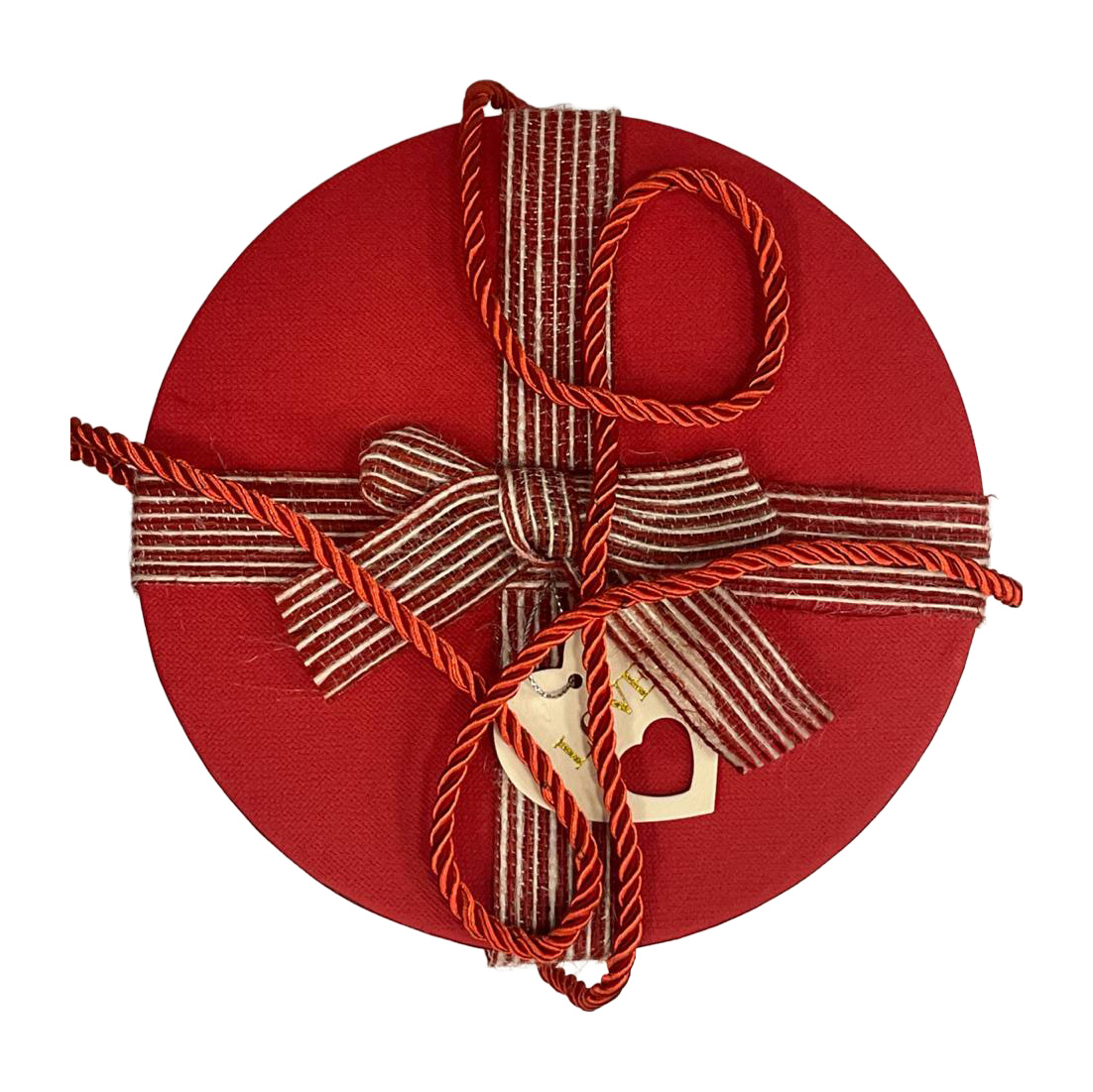 Подарункова коробка кругла, біло-червона зі смугастим бантом, 21*21*10 см, 2103523802 2